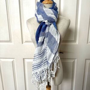 Caslon blue and white long striped  linen blend fringed scarf NWT